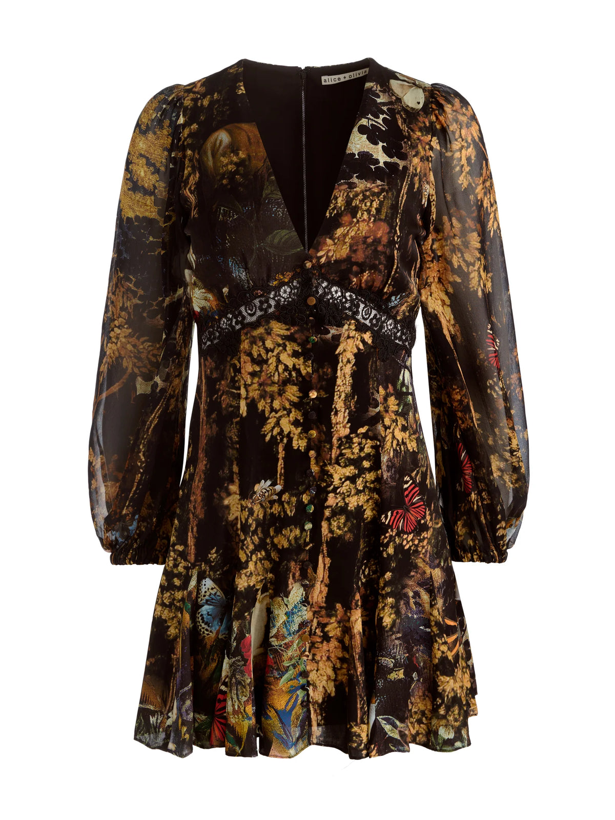 Alice + Olivia CC609P07535-A224 Irene mini-robe dos nu à liens, en dentelle Wistful Woods