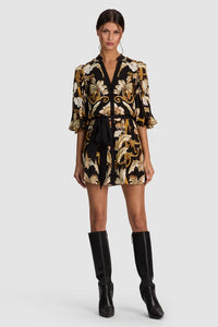Mini-robe chemise Alice + Olivia Antonette à manches blousantes et jupe à volants, avec ceinture à nouer, Noir Élégance blanc cassé