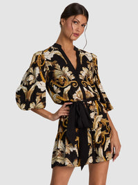 Mini-robe chemise Alice + Olivia Antonette à manches blousantes et jupe à volants, avec ceinture à nouer, Noir Élégance blanc cassé