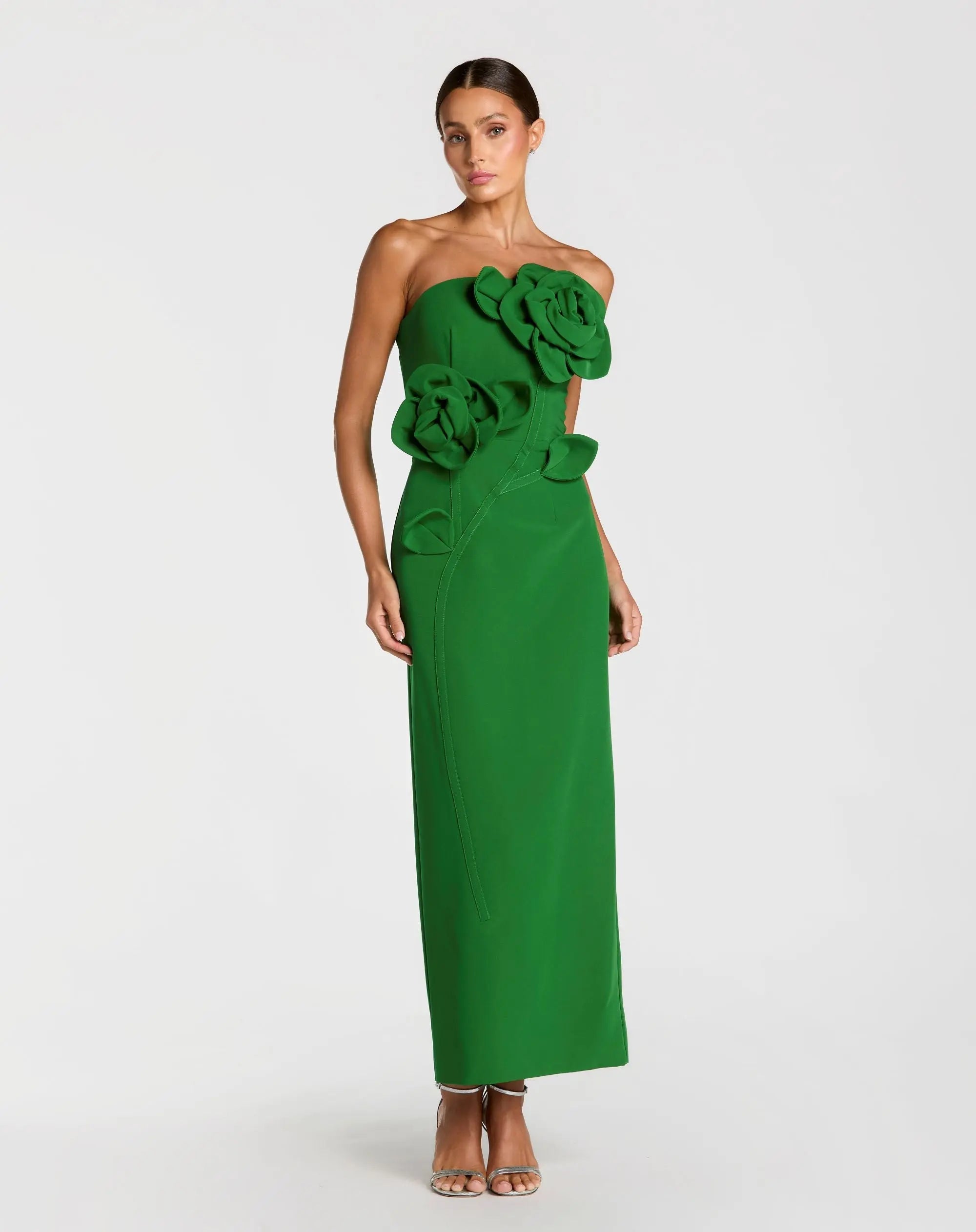 MAC DUGGAL Crepe Strapless Midi Dress with 3D Flower Detail