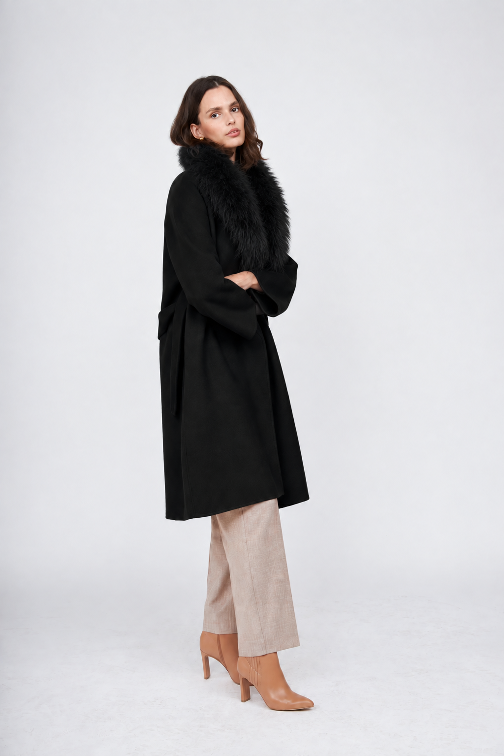 Manteau en cachemire PLT6205 Pissenlit avec col châle en fourrure Noir jais