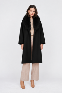 Manteau en cachemire PLT6205 Pissenlit avec col châle en fourrure Noir jais