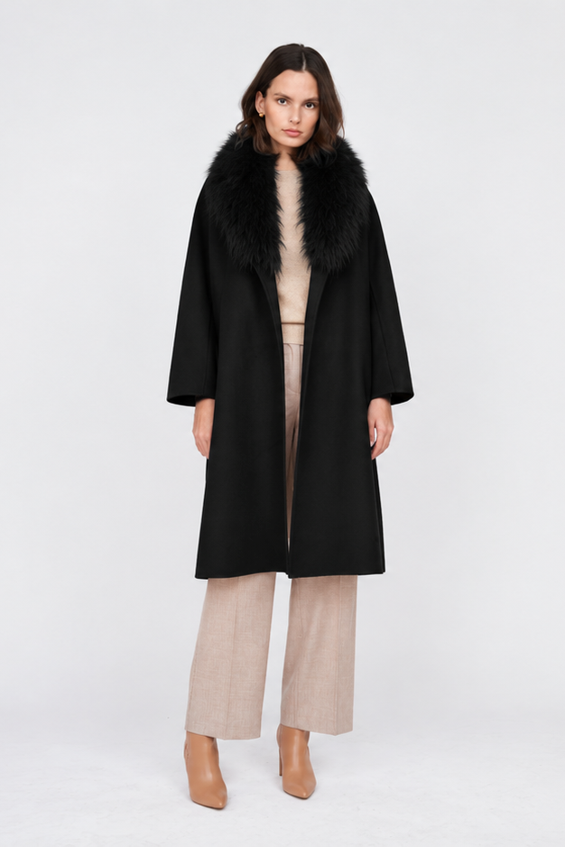 Manteau en cachemire PLT6205 Pissenlit avec col châle en fourrure Noir jais