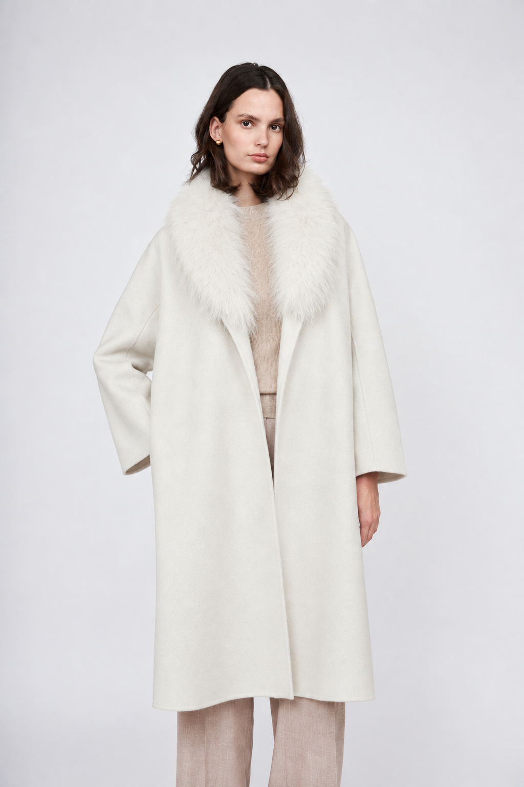 Manteau en cachemire PLT6205 Pissenlit avec col châle en fourrure Écru doux