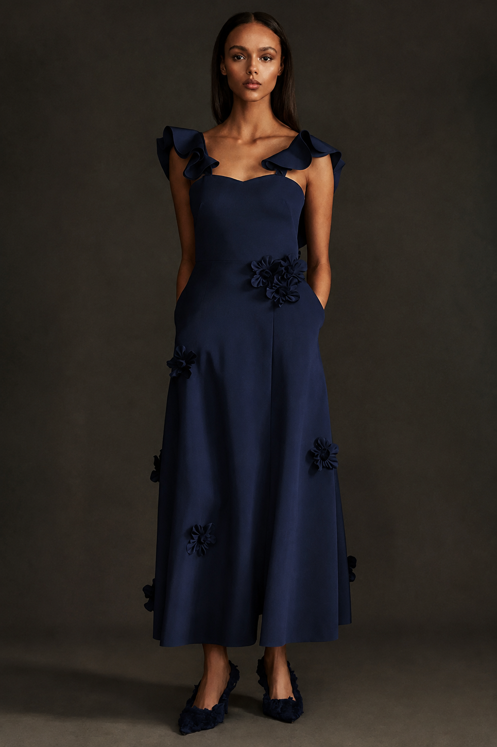 Greta Constantine Ravel Flutter-Sleeve A-Line Midi-Dress with Floral Applique - Navy
