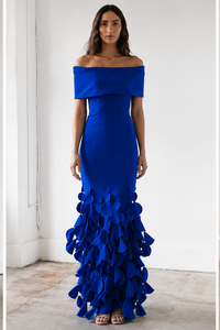 Catherine Regehr Off Shoulder Roll Collar Gown with Swinging Discs on Hem - Slim Floor Bright Cobalt