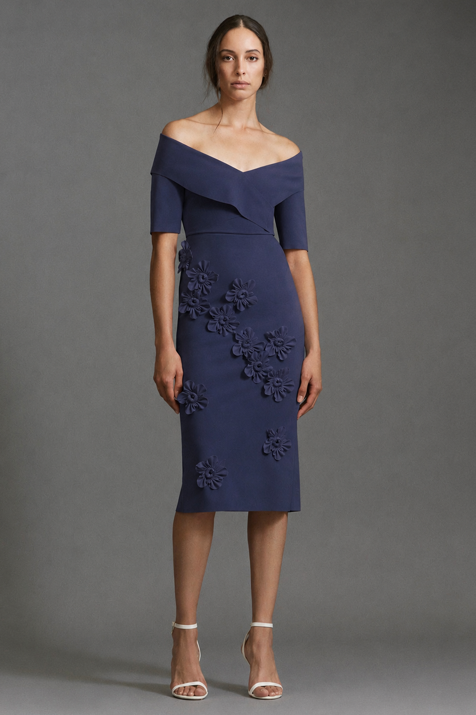 Greta Constantine Owlet Crossover-Detailing V-Neck Dress With Floral-Applique Navy