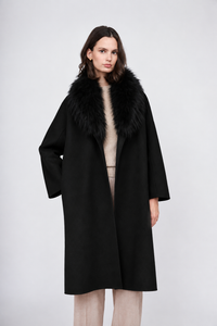 Manteau en cachemire PLT6205 Pissenlit avec col châle en fourrure Noir jais