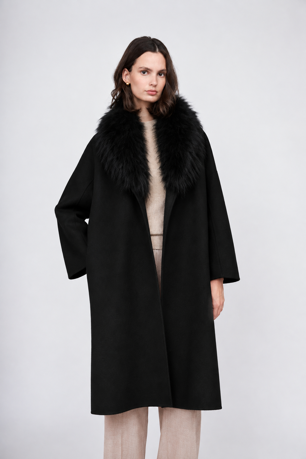 Manteau en cachemire PLT6205 Pissenlit avec col châle en fourrure Noir jais