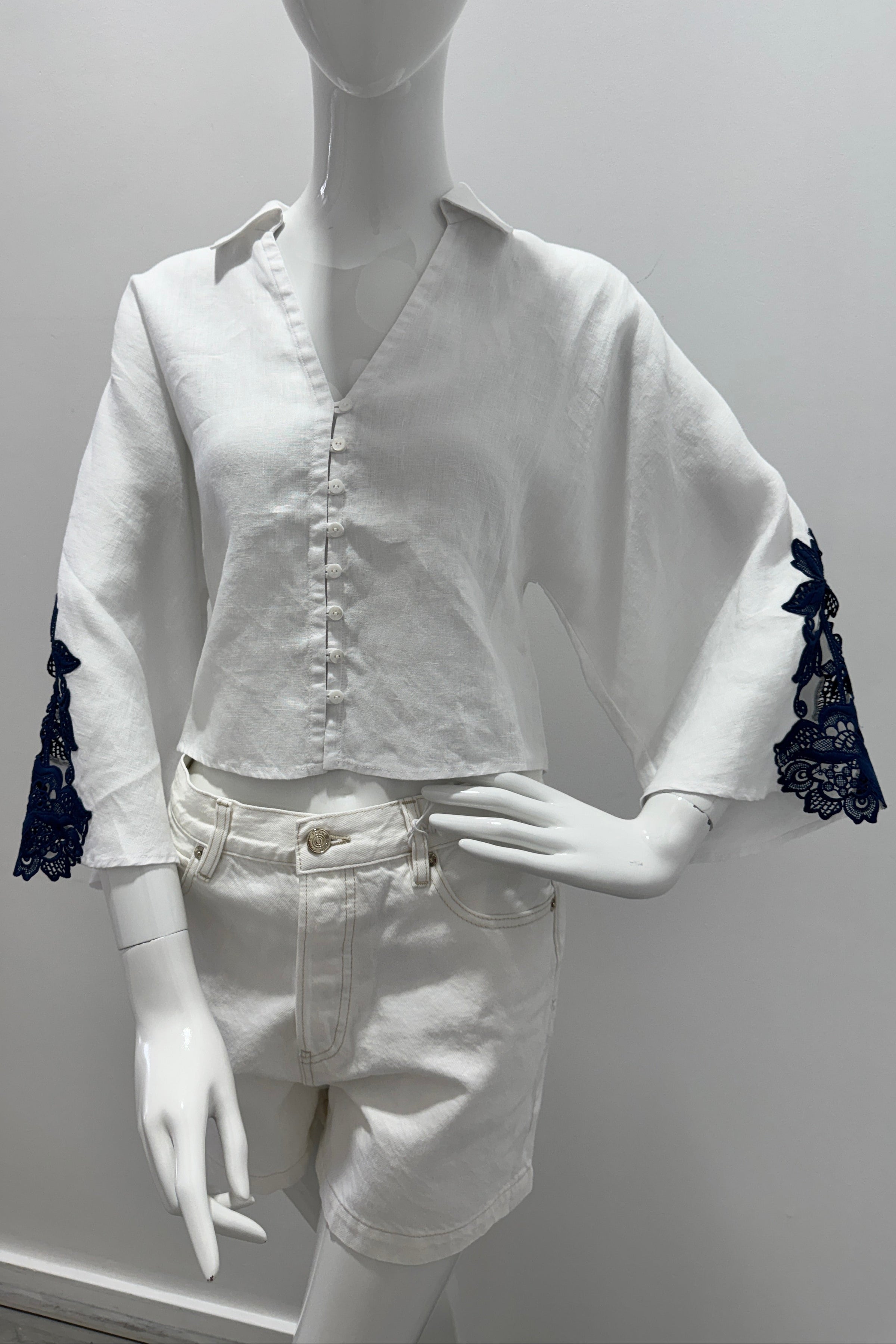 Purotatto Chemise avec Broderie Macramé SS26-040-5111 Blanc-Bleu