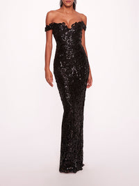 Marchesa Notte Organic Neckline off the shoulder Sequin Gown