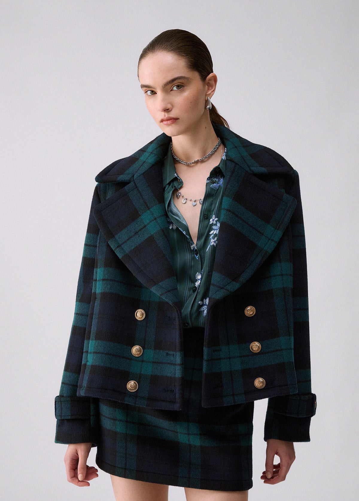 Manteau court en laine Liu Jo White - Tartan/Green/Blue