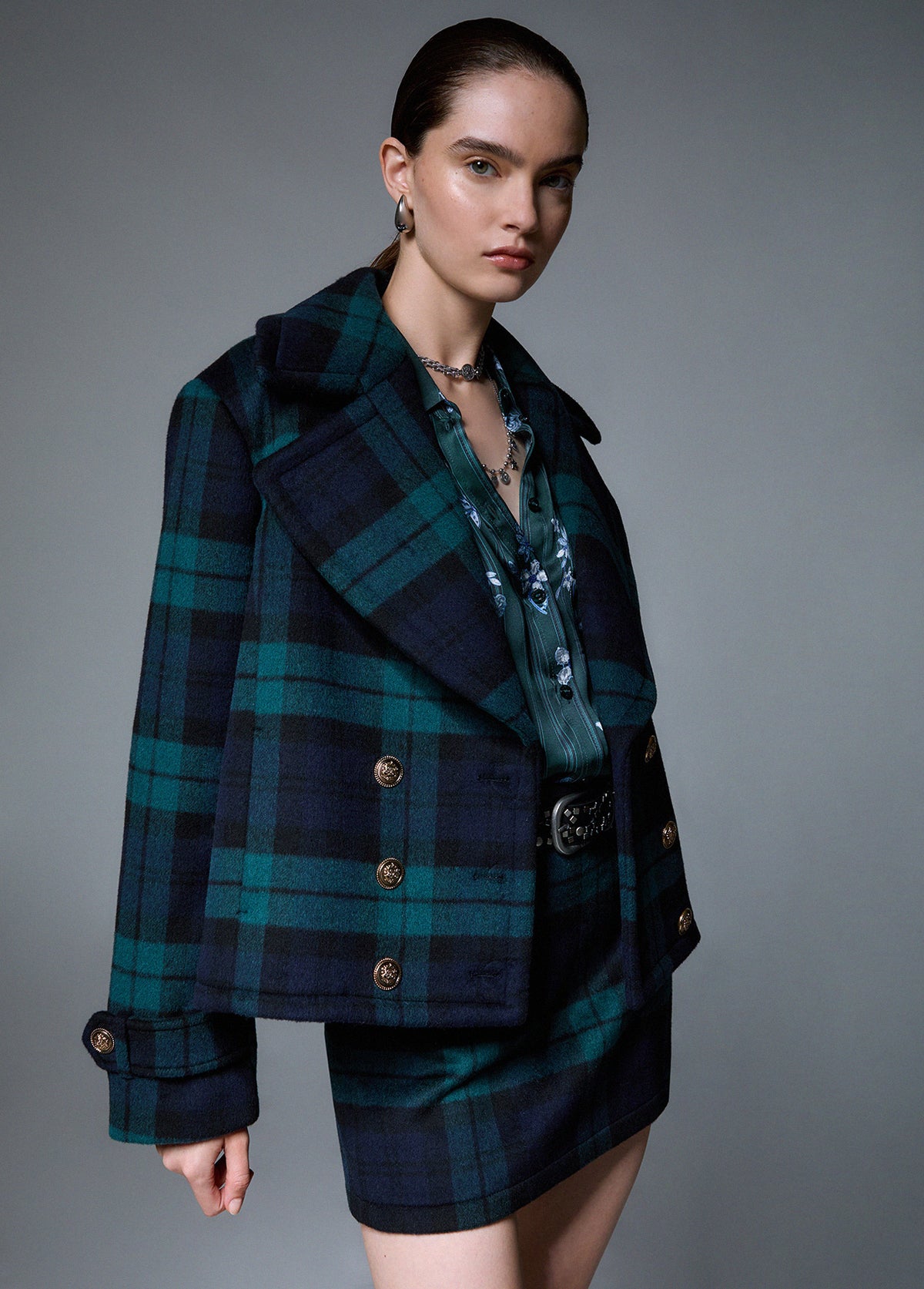 Manteau court en laine Liu Jo White - Tartan/Green/Blue