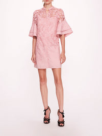 Marchesa Notte Layered Flared Short-Sleeve Fitted Mini Dress