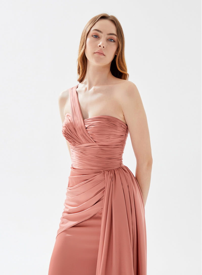 Tarik Ediz Miss Asymmetrical Strap Ruched Gown With Train