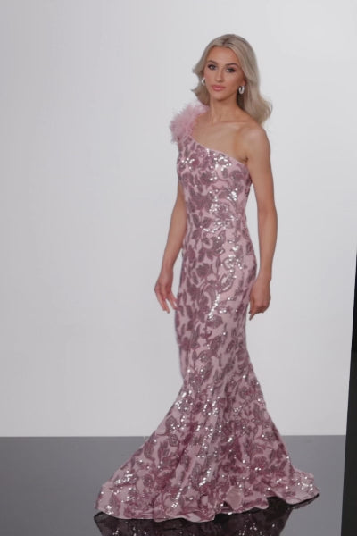 Jovani Mermaid Sequin Gown with Ostrich Feather Details