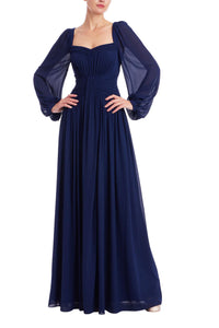 Badgley Mischka Pleated Sweetheart Bishop Sleeve Gown