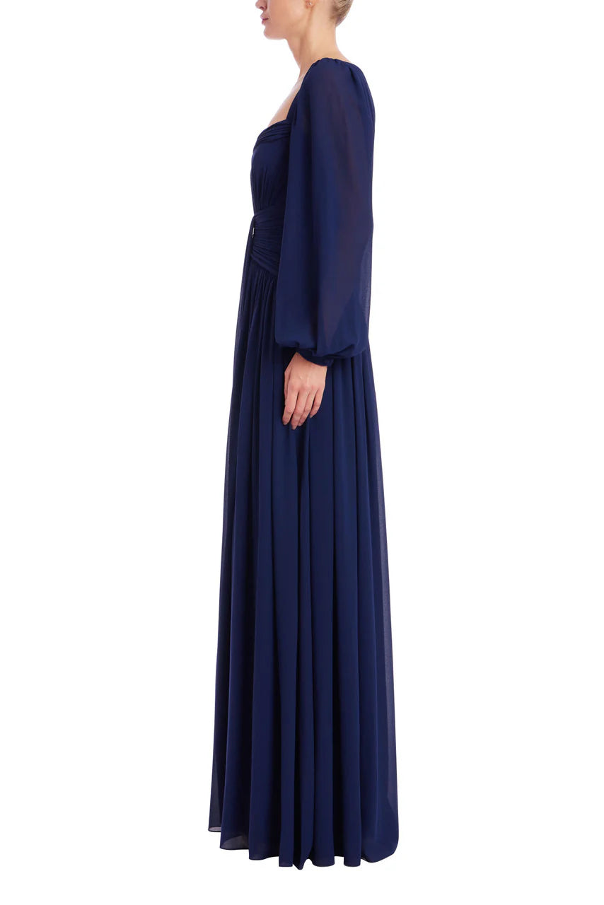 Badgley Mischka Pleated Sweetheart Bishop Sleeve Gown