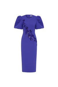 Rebecca Vallance Evolet Puff Sleeve Midi Ultra Marine Blue Dress