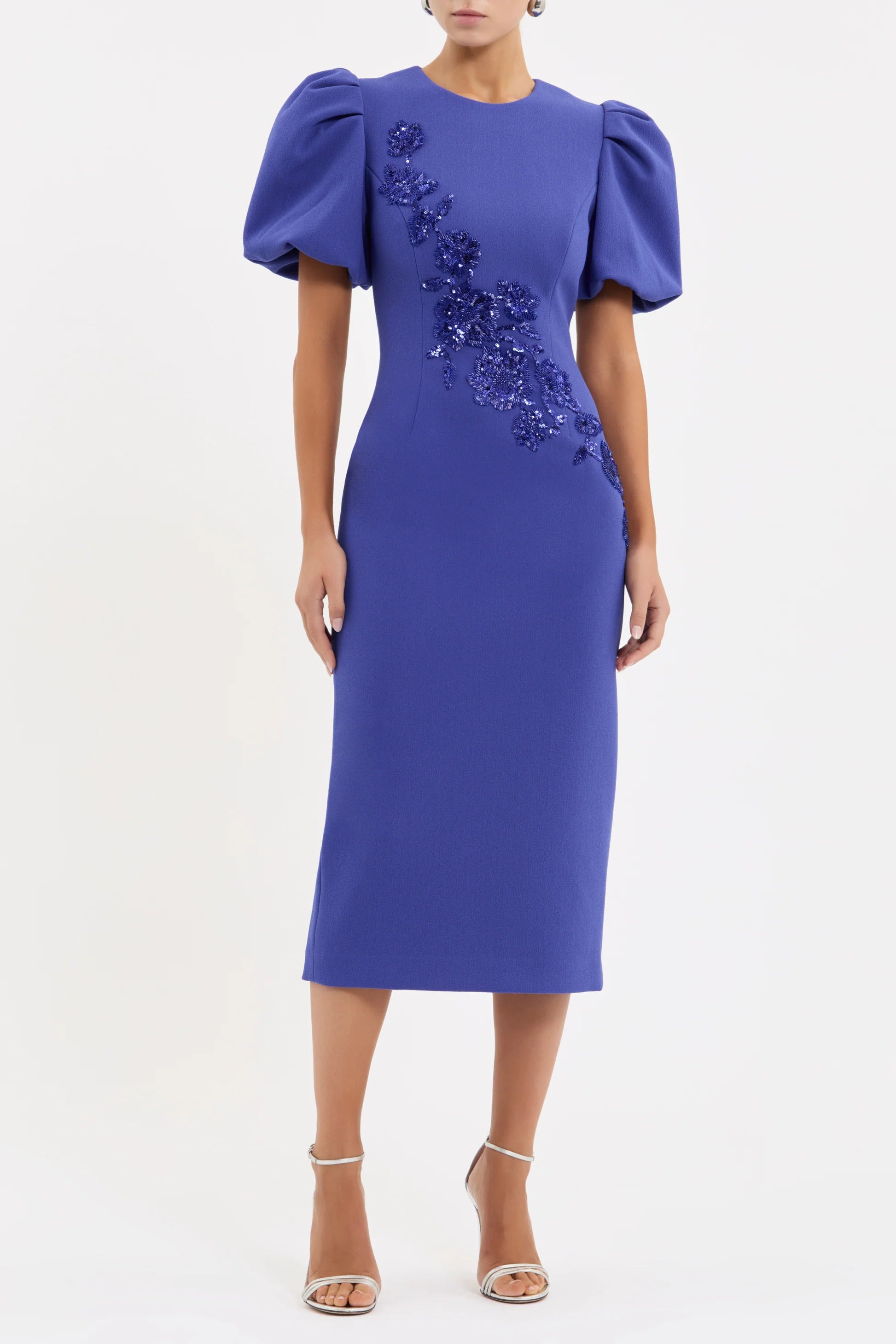 Rebecca Vallance Evolet Puff Sleeve Midi Ultra Marine Blue Dress