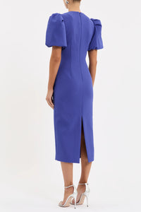 Rebecca Vallance Evolet Puff Sleeve Midi Ultra Marine Blue Dress