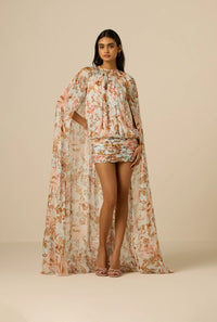 Robe courte cape froncée bleue Hemant & Nandita