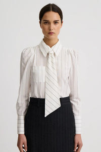 Smythe Neck Tie Box Pleat Shirt White Stripe