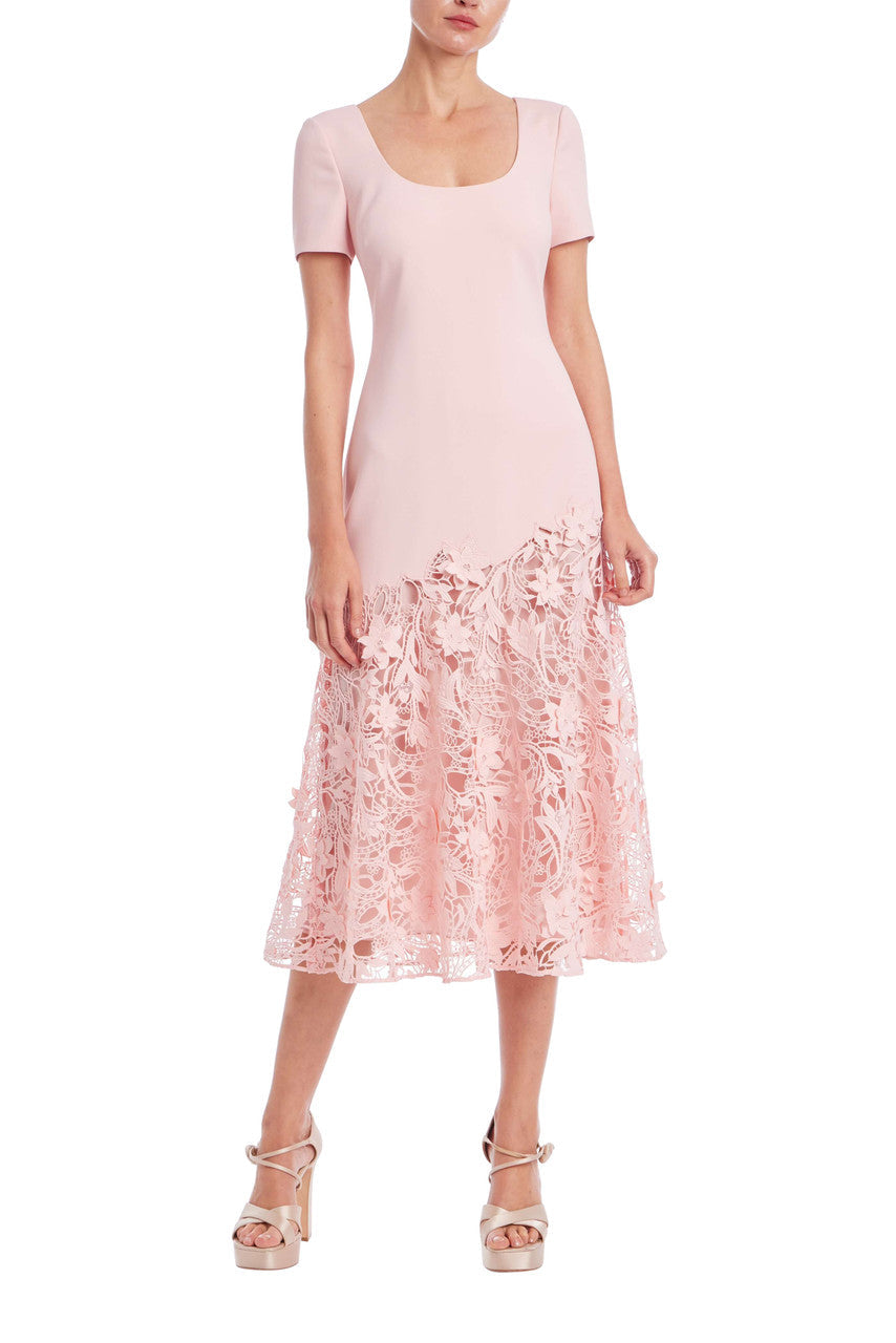 Robe midi en dentelle crêpe Badgley Mischka Blush