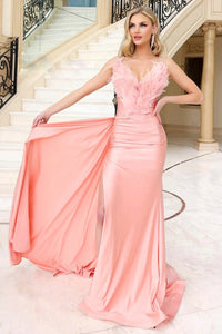 V Neck Gown W/Ruching Slit With Sash & Ostrich Feathers