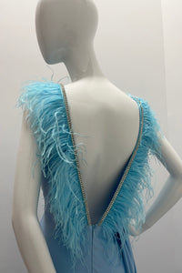 Jessica Angel V Neck/V Back Rhinestone Trimmed W/Ostrich Feathers Gown With Ruching And Slit