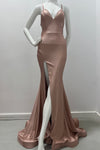 Jessica Angel Spaghetti Straps With Lace Up Back Low V Back With Ruching Form Fitting Gown With High Right Side Slit