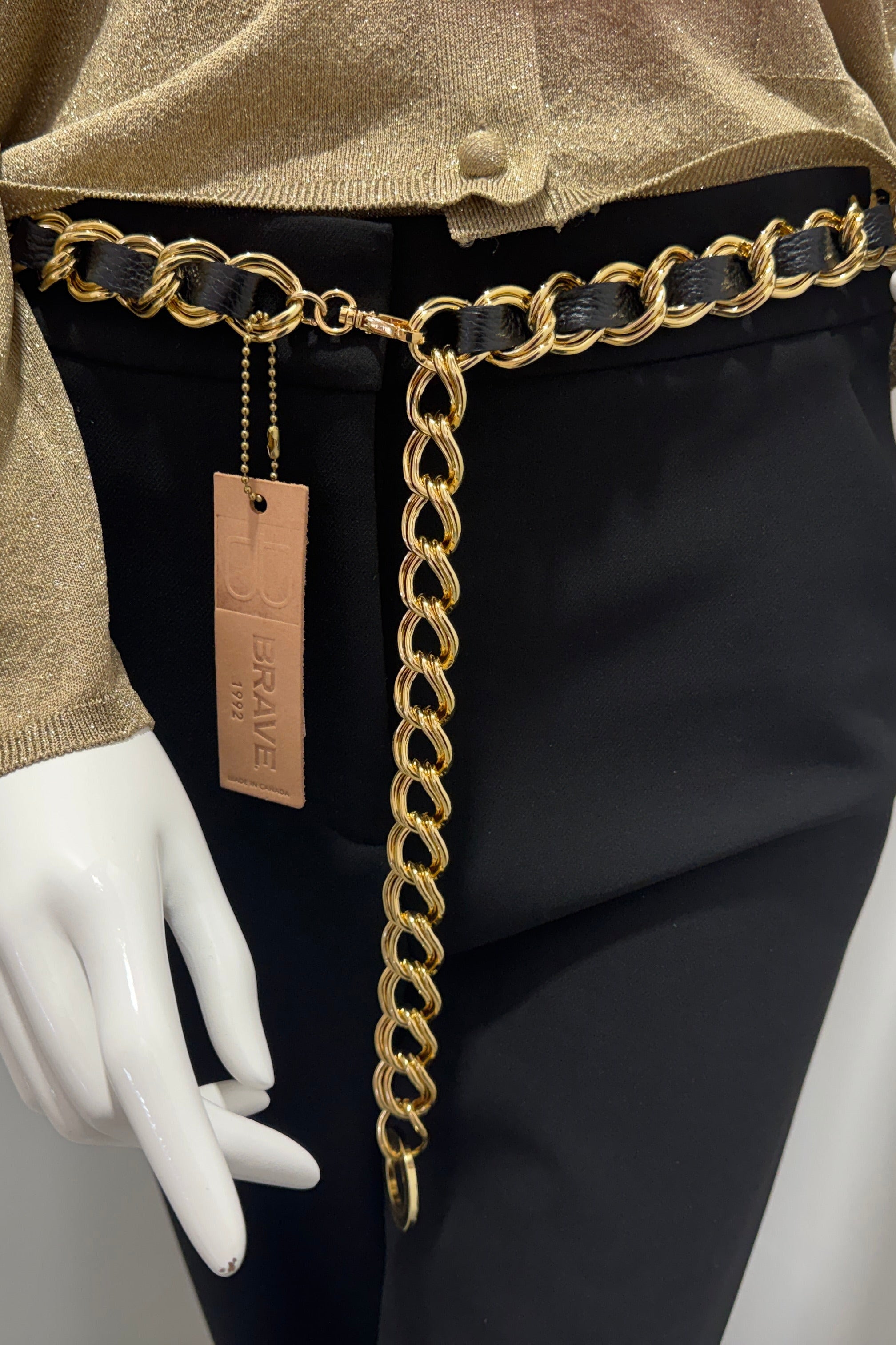 Doone Brave Leather Simple Chain Belt Gold/Black Wide