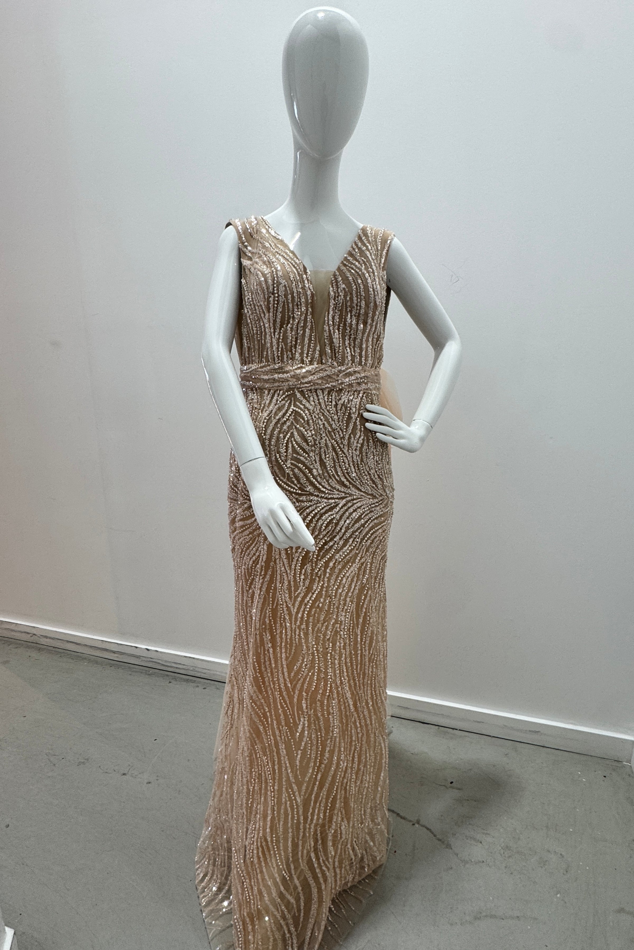 Tarik Ediz Pearl & Sequin Deep V Embellished Gown