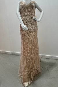 Tarik Ediz Pearl & Sequin Deep V Embellished Gown