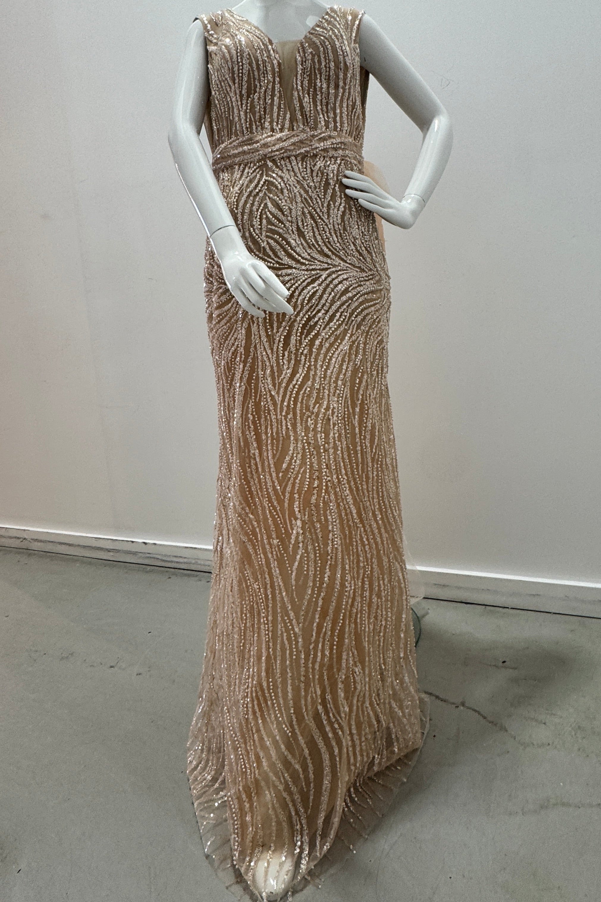 Tarik Ediz Pearl & Sequin Deep V Embellished Gown