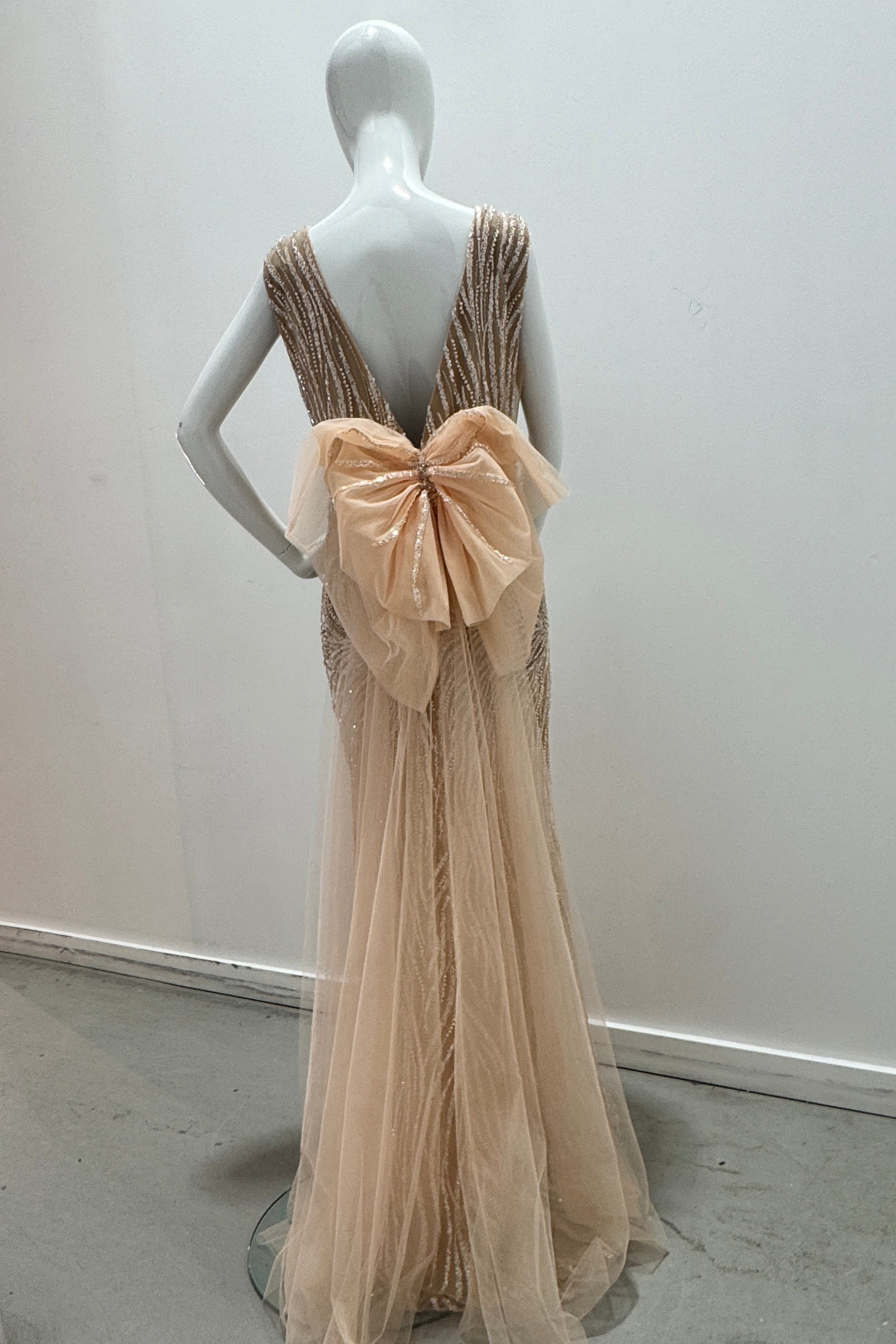 Tarik Ediz Pearl & Sequin Deep V Embellished Gown