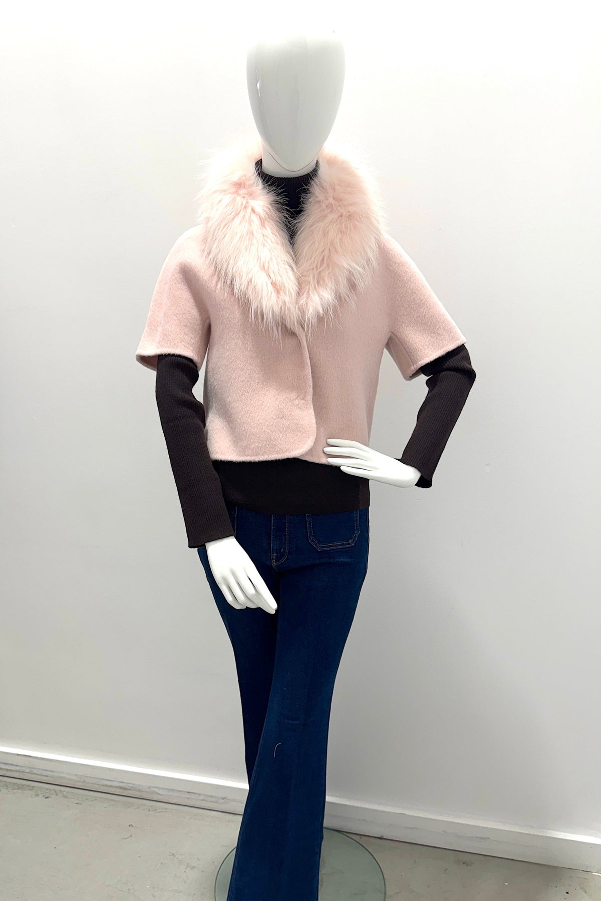Veste en cachemire à manches courtes PLT6203 Pissenlit avec col en fourrure Blush