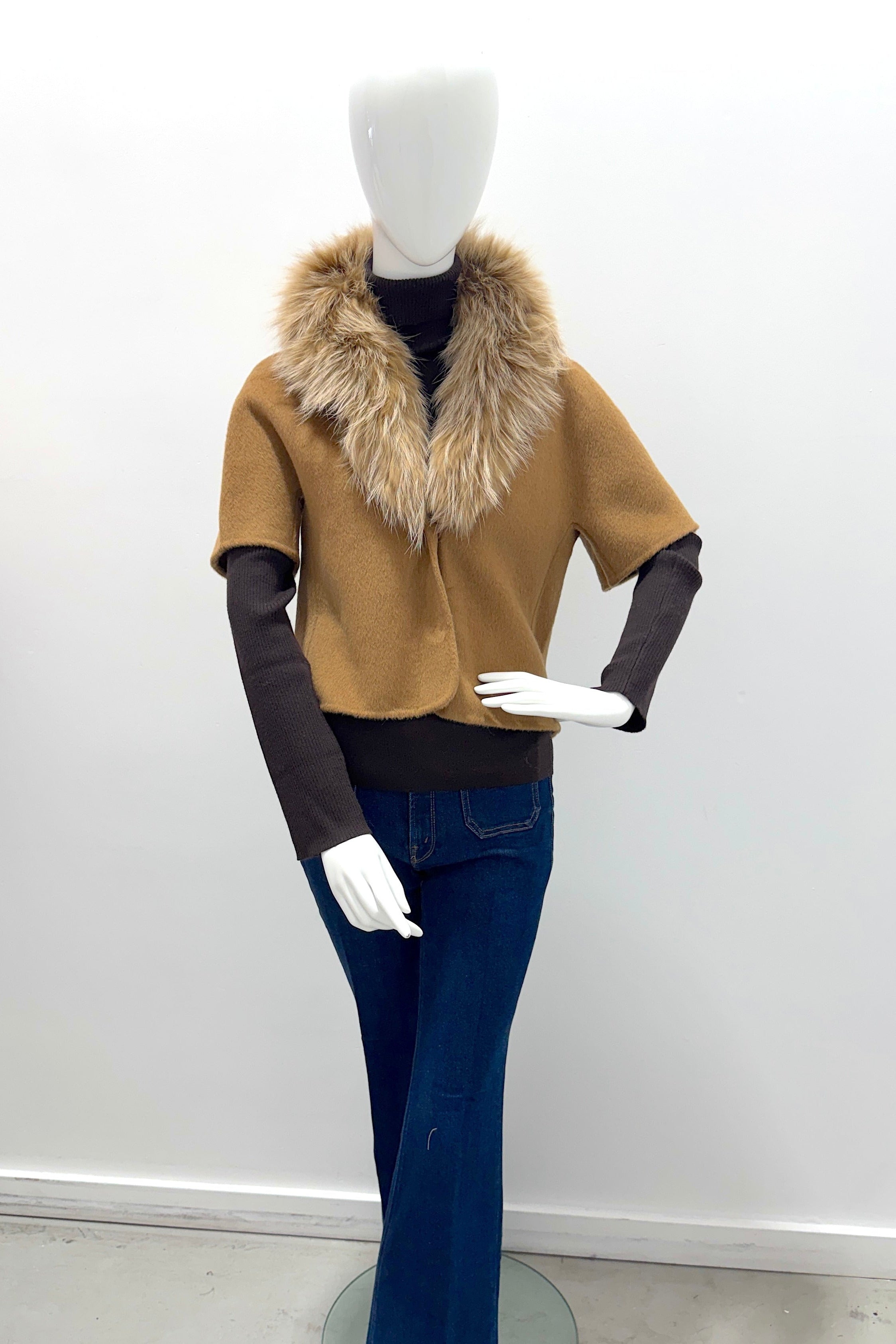 Veste en cachemire à manches courtes PLT6203 Pissenlit avec col en fourrure Camel chaud
