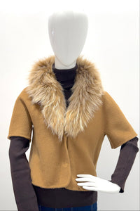 Veste en cachemire à manches courtes PLT6203 Pissenlit avec col en fourrure Camel chaud