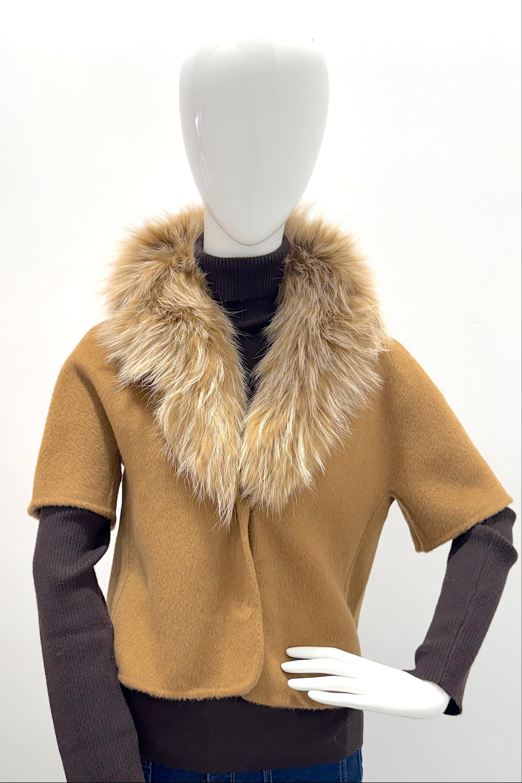 Veste en cachemire à manches courtes PLT6203 Pissenlit avec col en fourrure Camel chaud