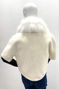 Veste en cachemire à manches courtes PLT6203 Pissenlit avec col en fourrure Ivoire doux
