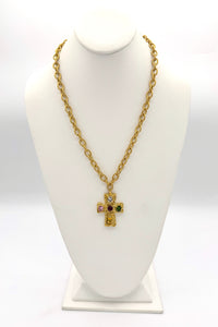 Aether Designs Bowie Jewelled Cross Necklace Gold/Multi