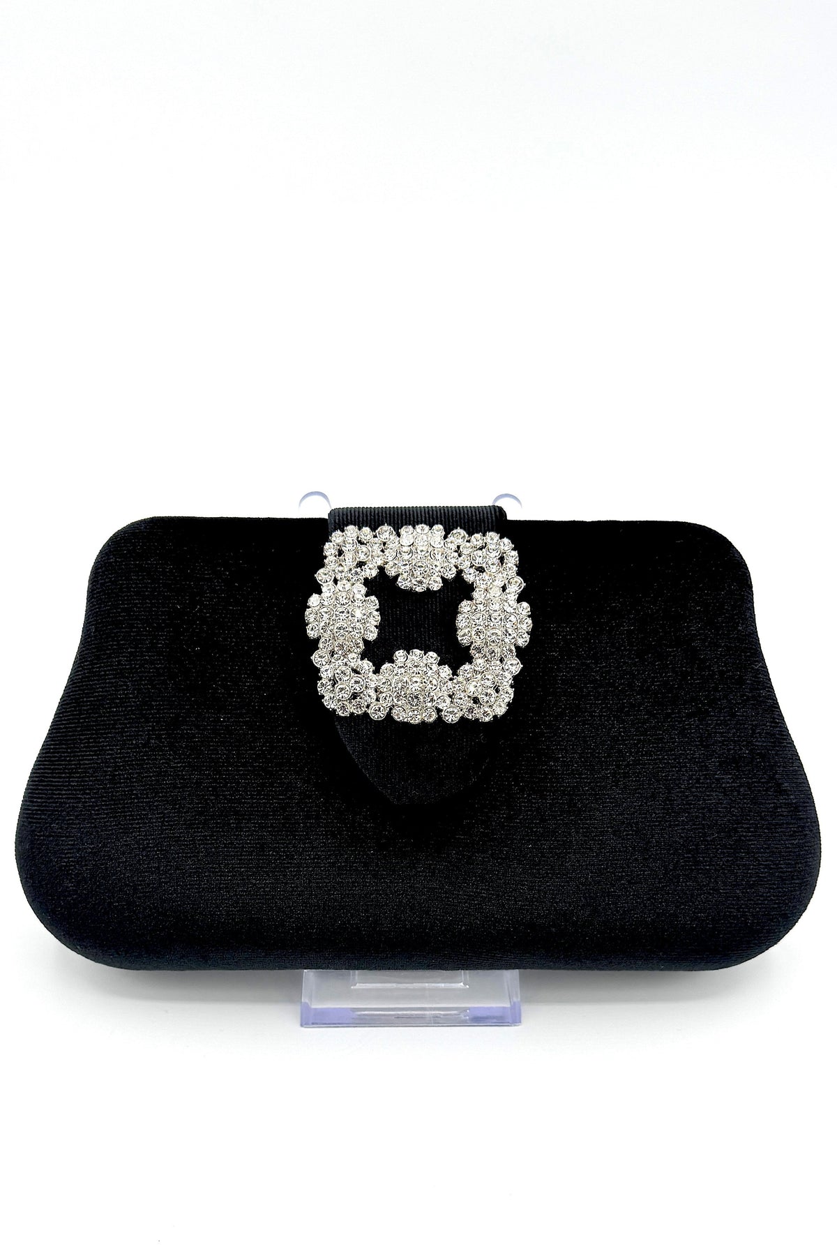 Pochette en velours avec pièce en cristal carrée noire