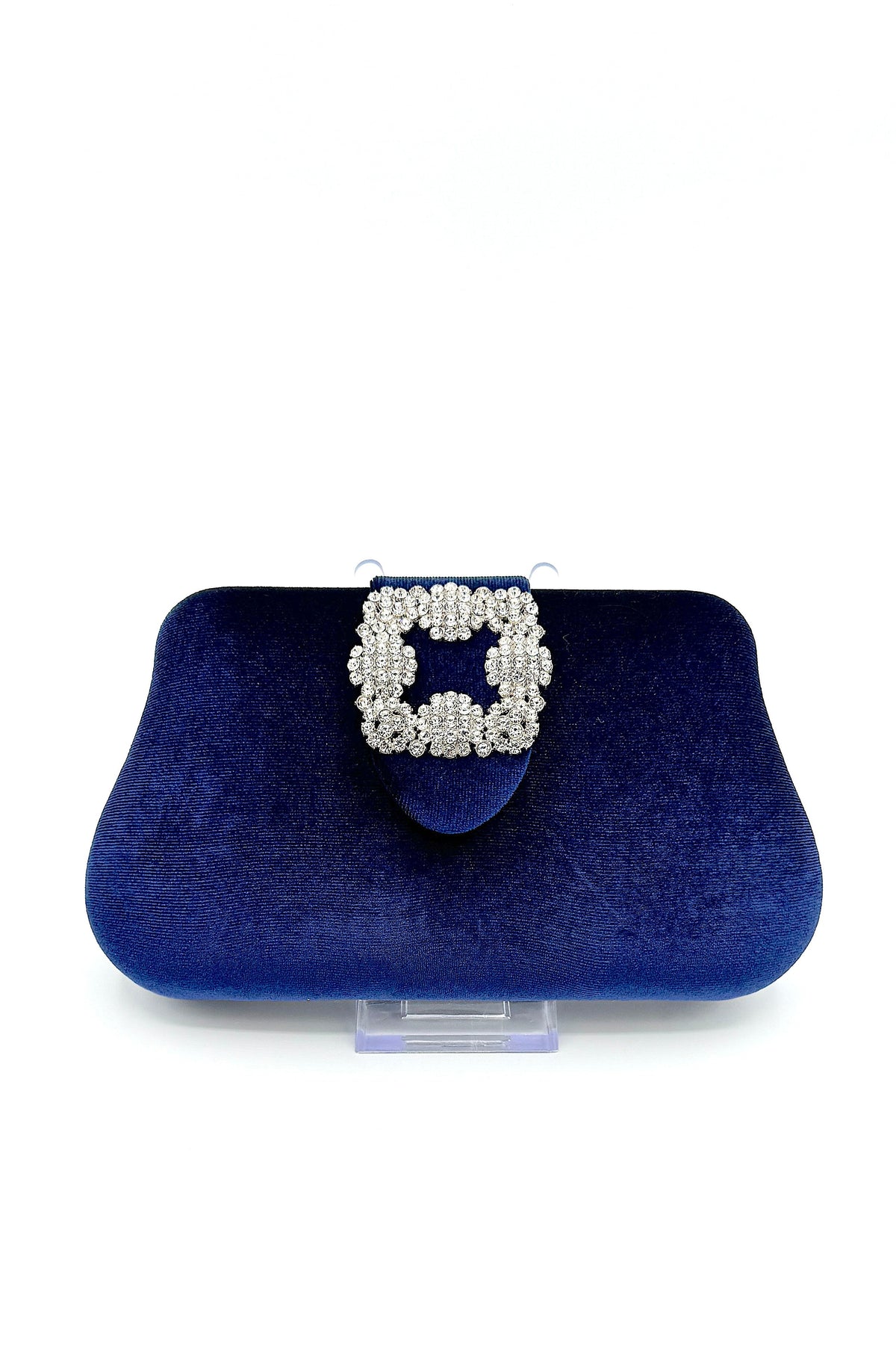 Velvet Clutch With Square Crystal Piece Blue