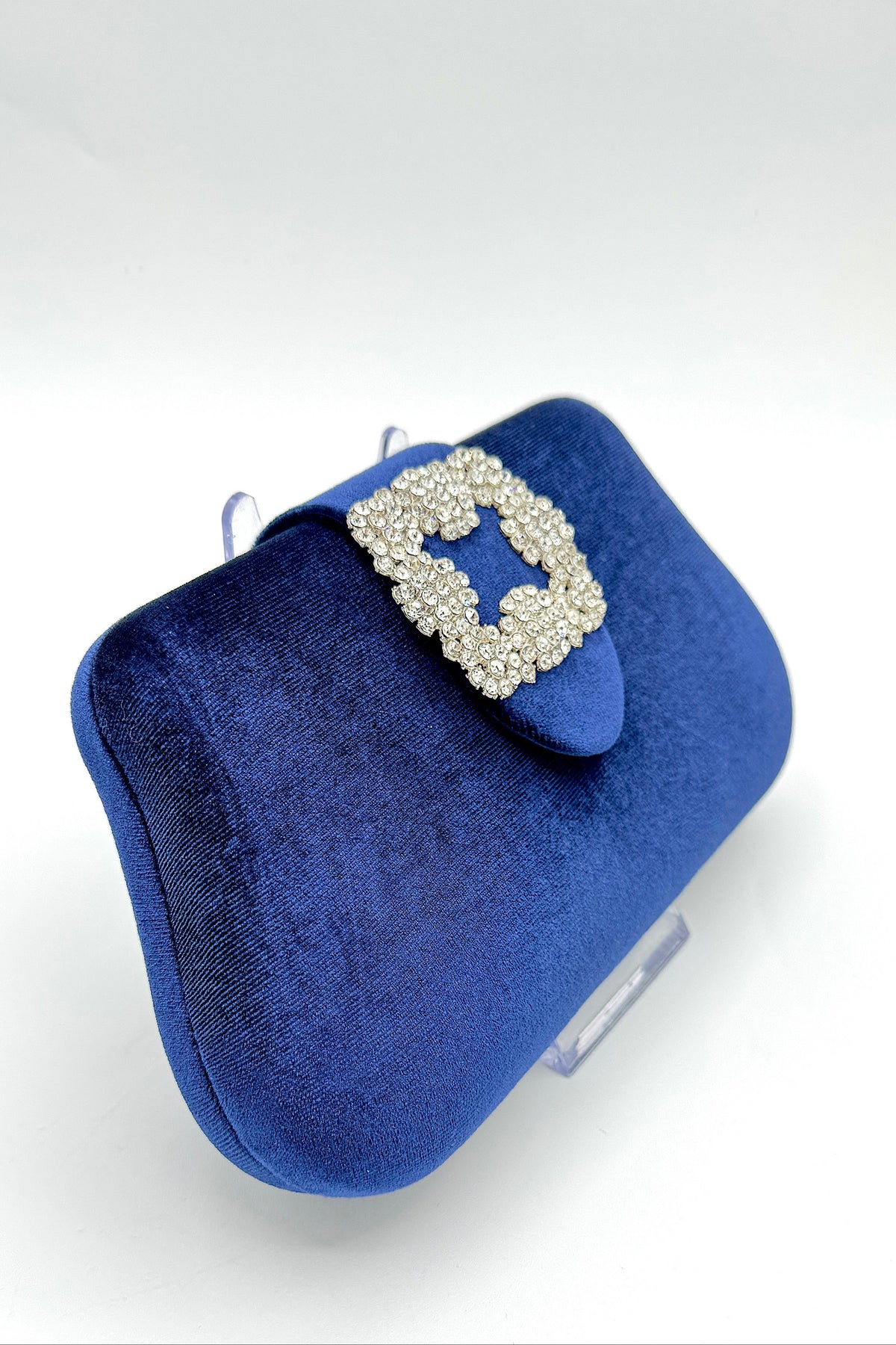 Velvet Clutch With Square Crystal Piece Blue