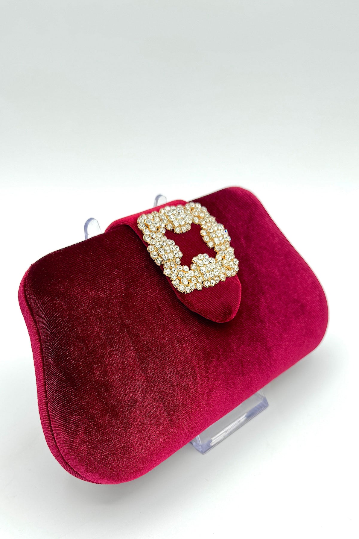 Velvet Clutch With Square Crystal Piece Red