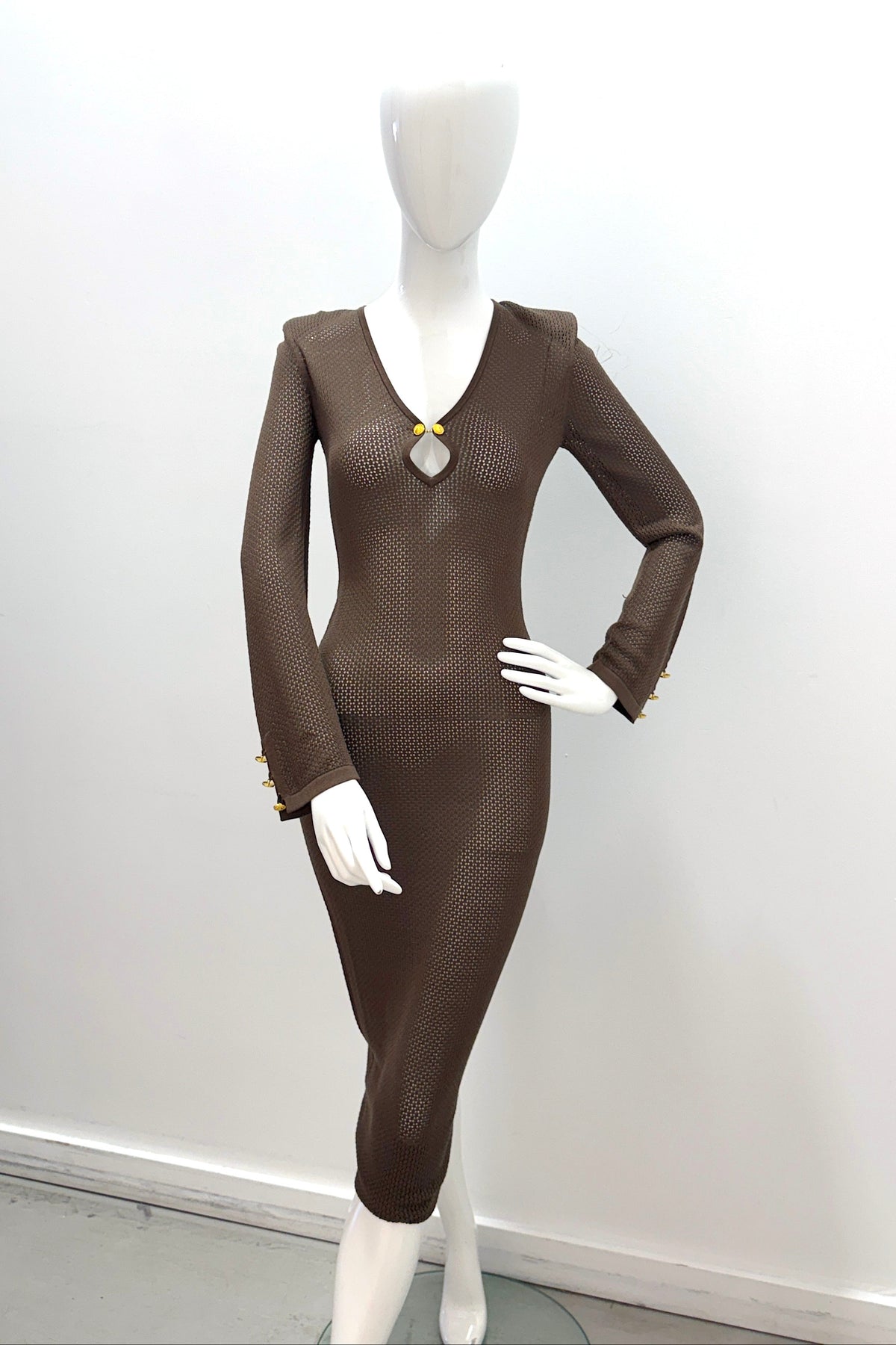 L'Agence 80190RMT-DBGL Robe à maille ajourée Sydney marron foncé/or