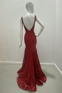 Sequin Pattern V Neck Gown