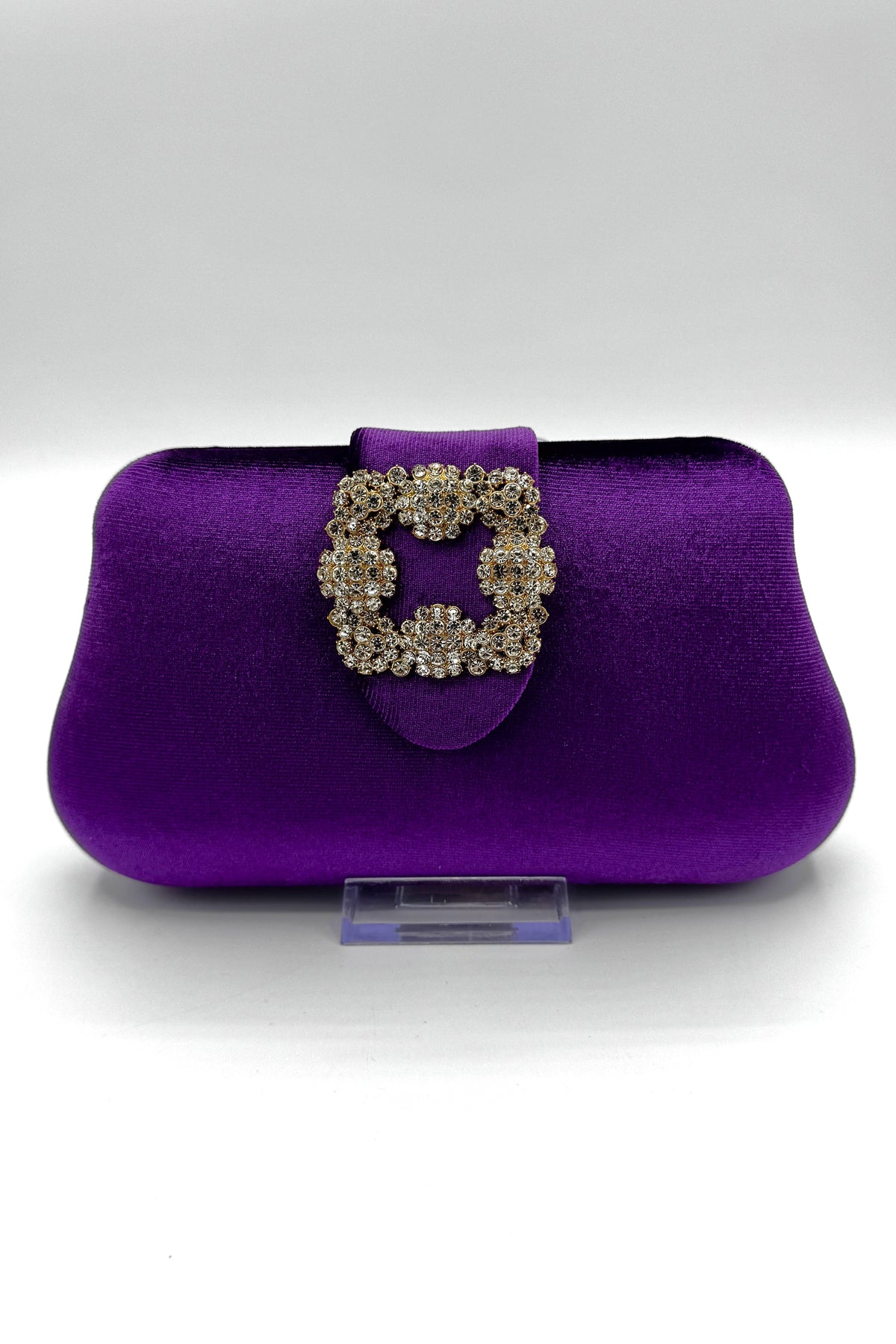 Velvet Clutch With Square Crystal Piece Purple