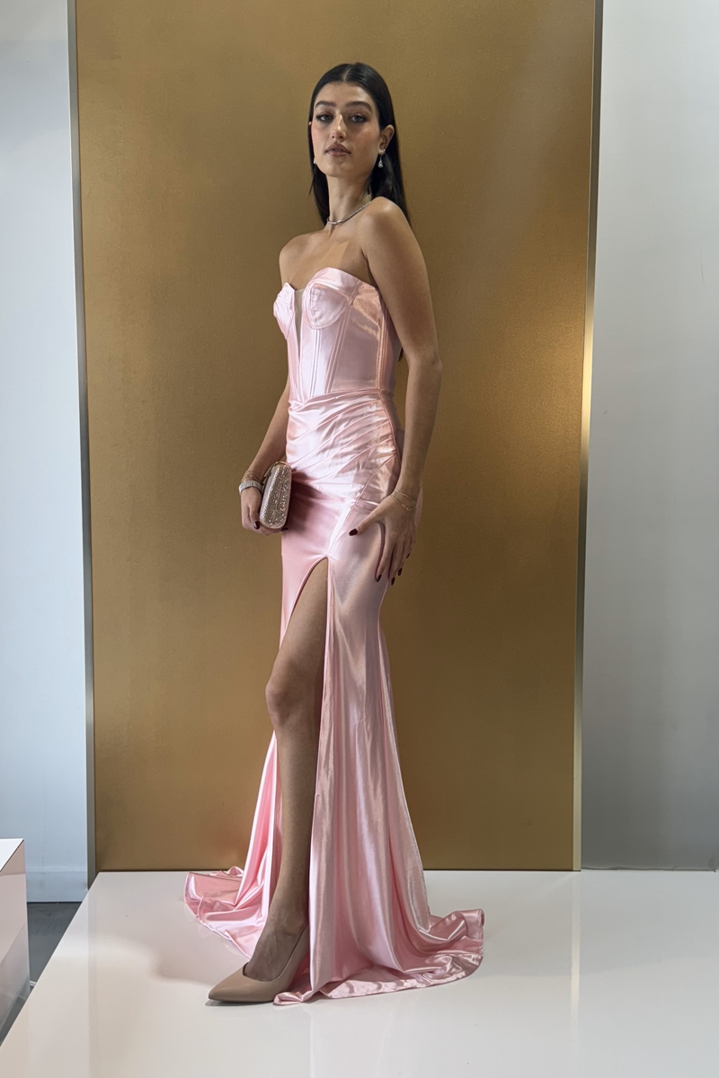 Satin Bustier Gown With Side Slit